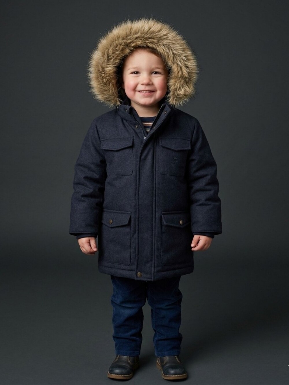 Jacadi Navy Blue Hooded Puffer Coat with Faux Fur Trim